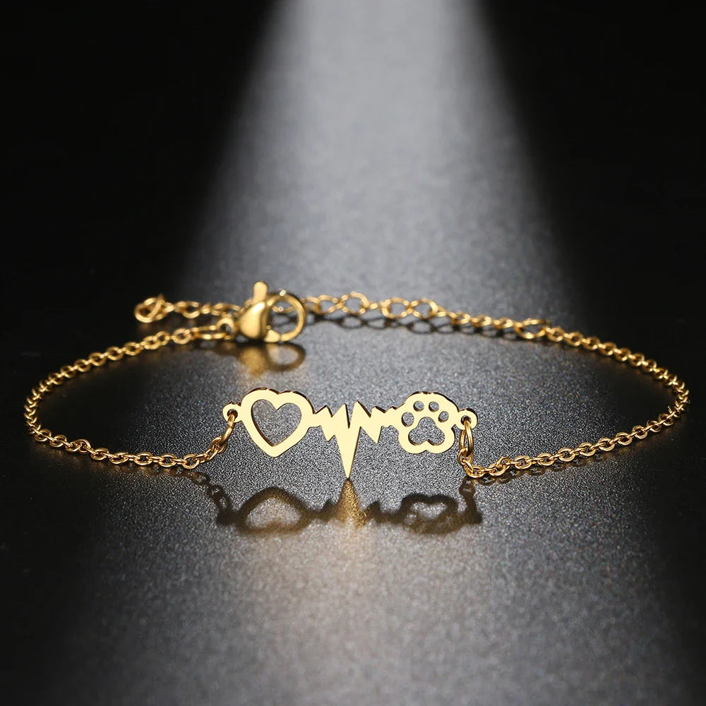 Gold Heart Paw ID Bracelet