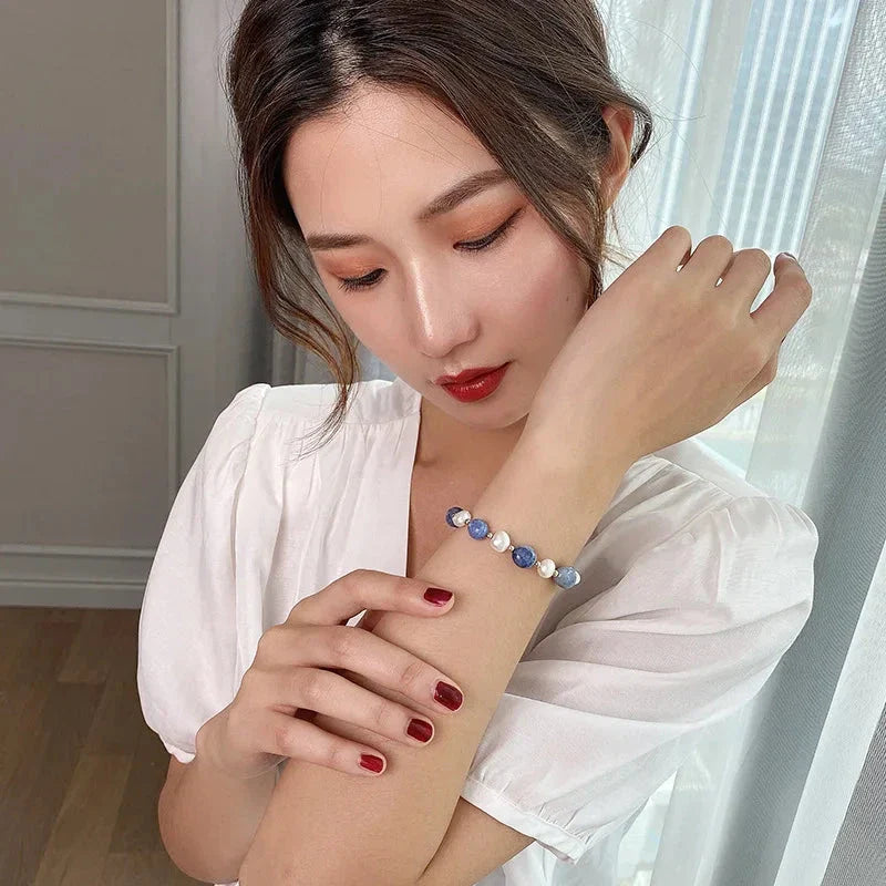 Blue and White Natural Pearl ID Bracelet