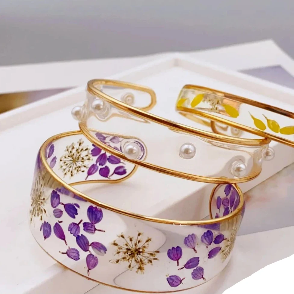 Transparent Resin Flower ID Bracelet Purple A