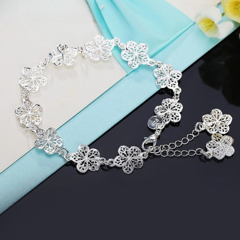 Silver-Plated 5-Petal Flower ID Bracelet