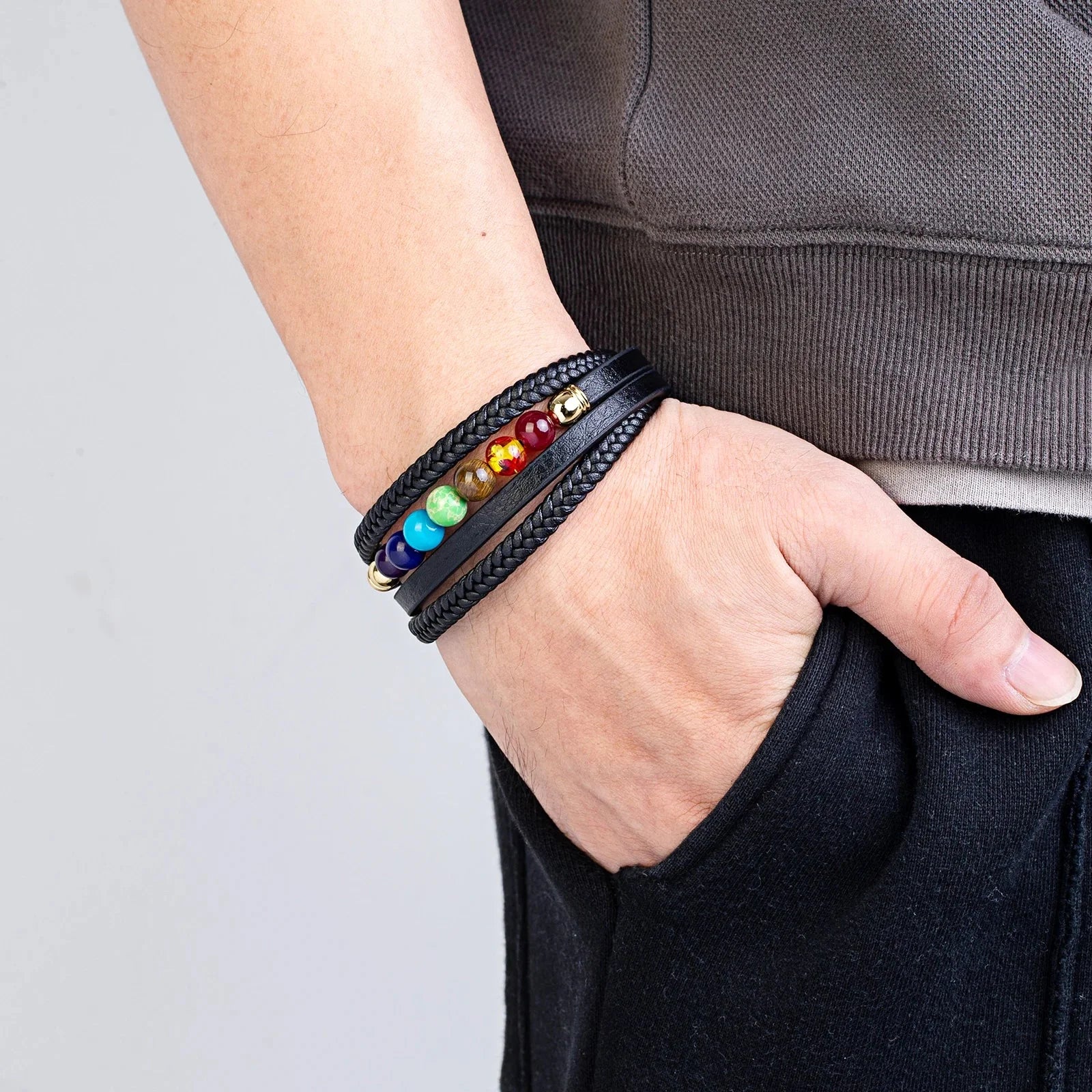 Men's Leather Bracelet 7 Chakras