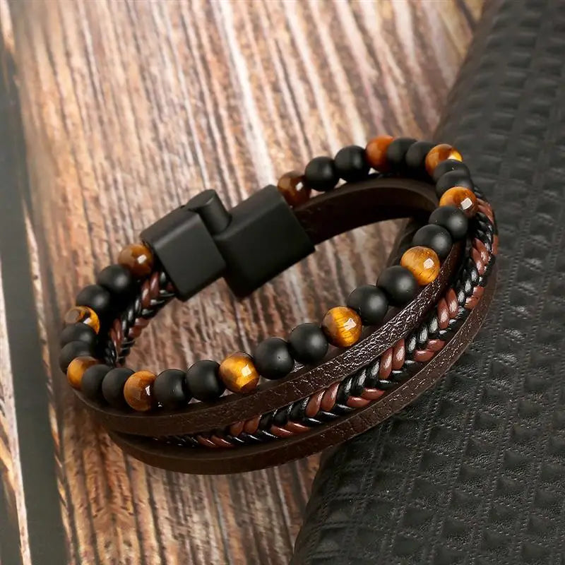 Men's Gourmet Tiger Eye Leather Bracelet