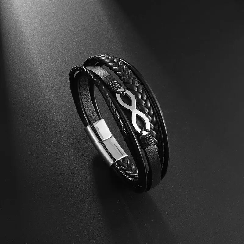 Infinity Bracelet Black and Silver Leather
