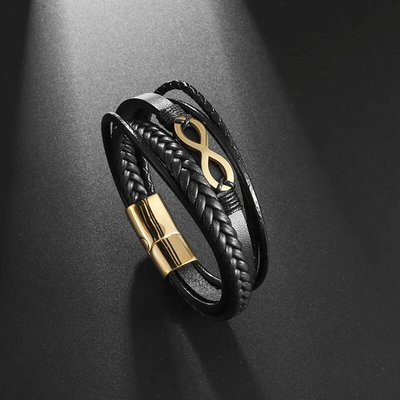 Infinity Bracelet Black and Gold Leather