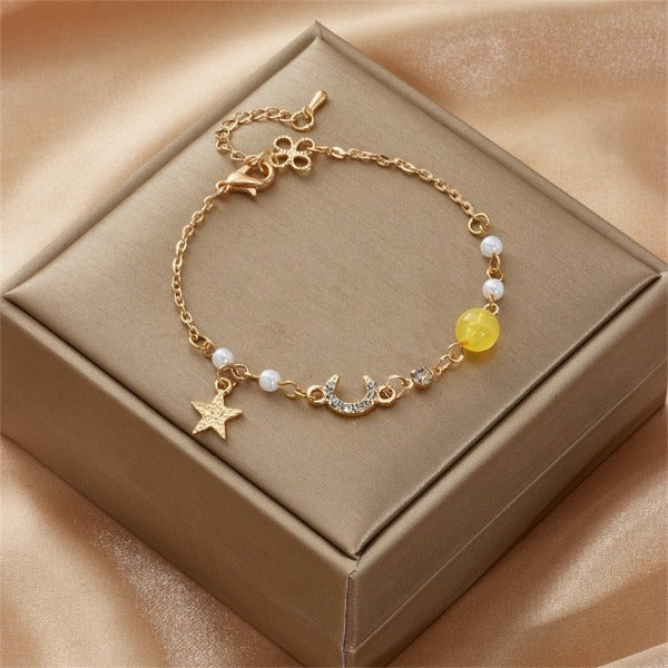Moon and Star Bracelet Women Yellow Stars Chain Bracelet