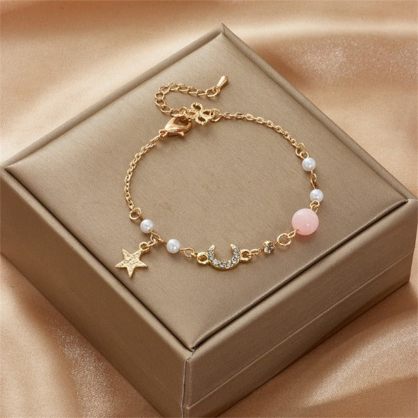 Moon and Star Bracelet Women Pink Stars Chain Bracelet