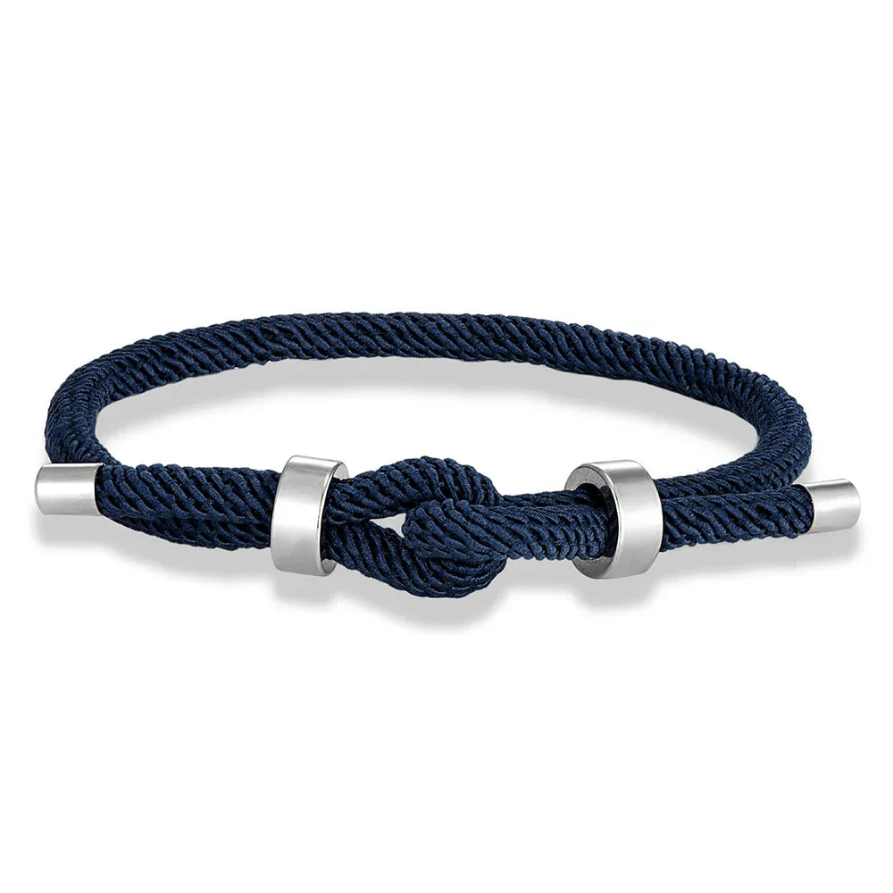 Modern braided cord bracelet with navy blue knot