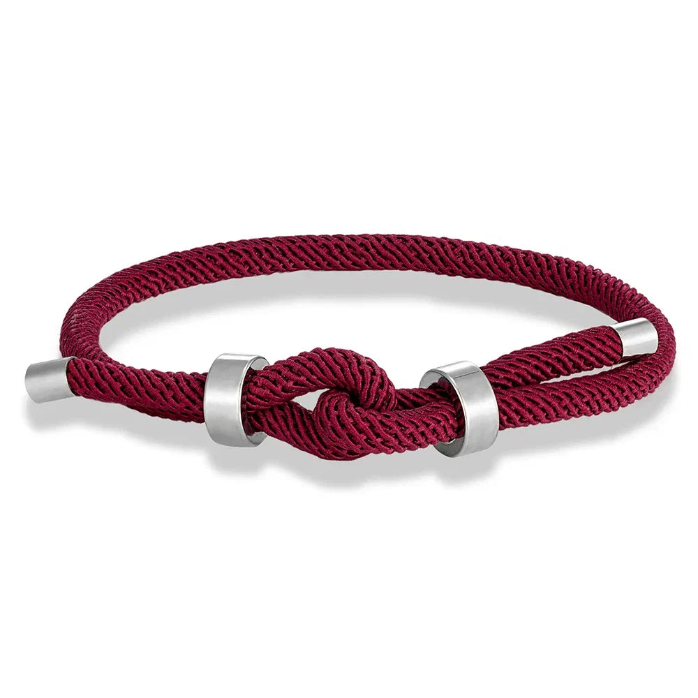 Modern braided cord bracelet with burgundy knot