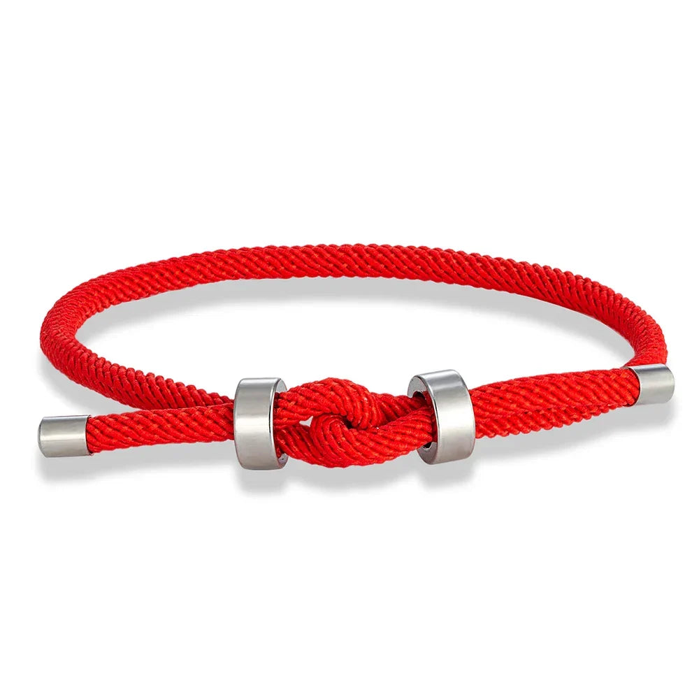 Modern braided cord bracelet with red knot