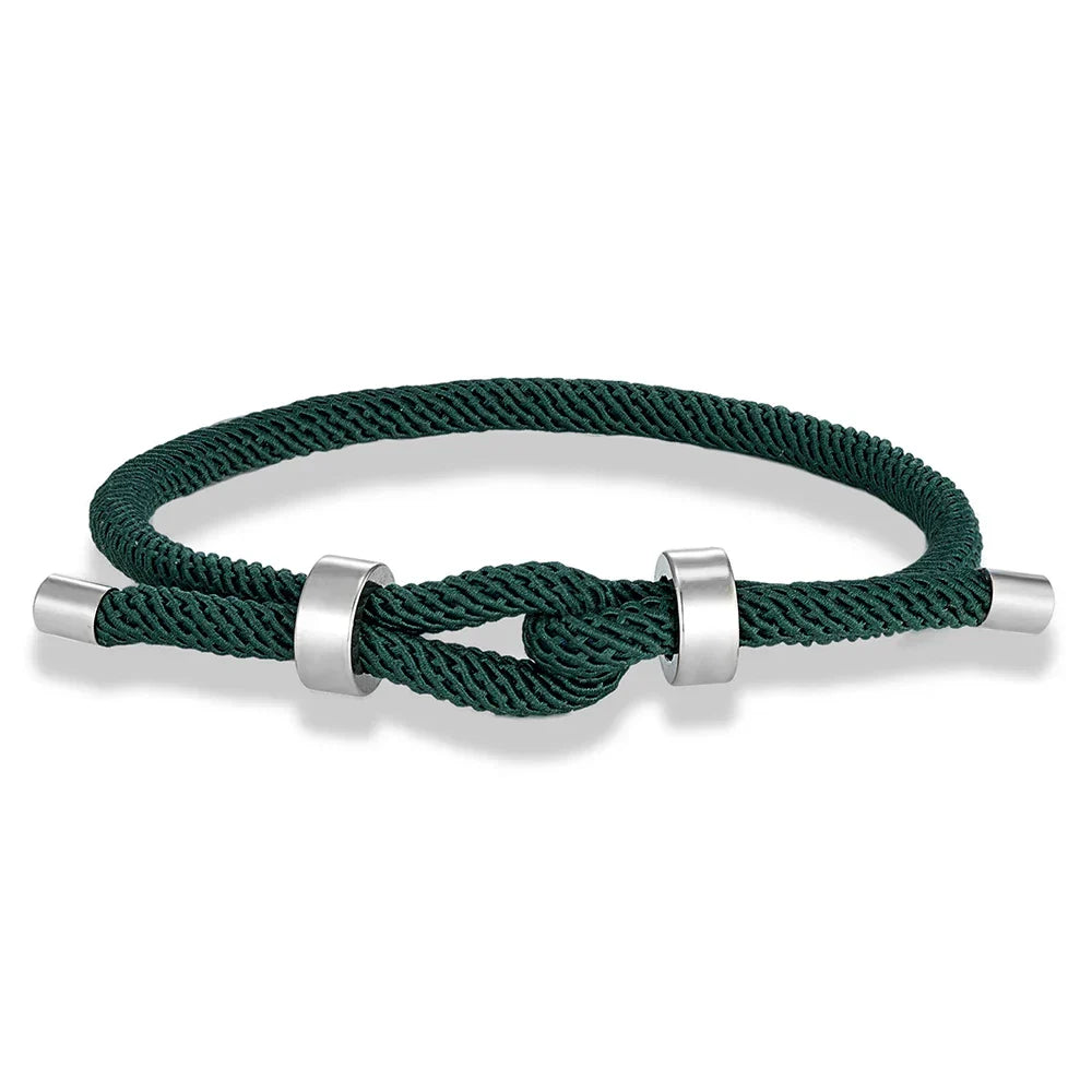 Modern braided cord bracelet with dark green knot