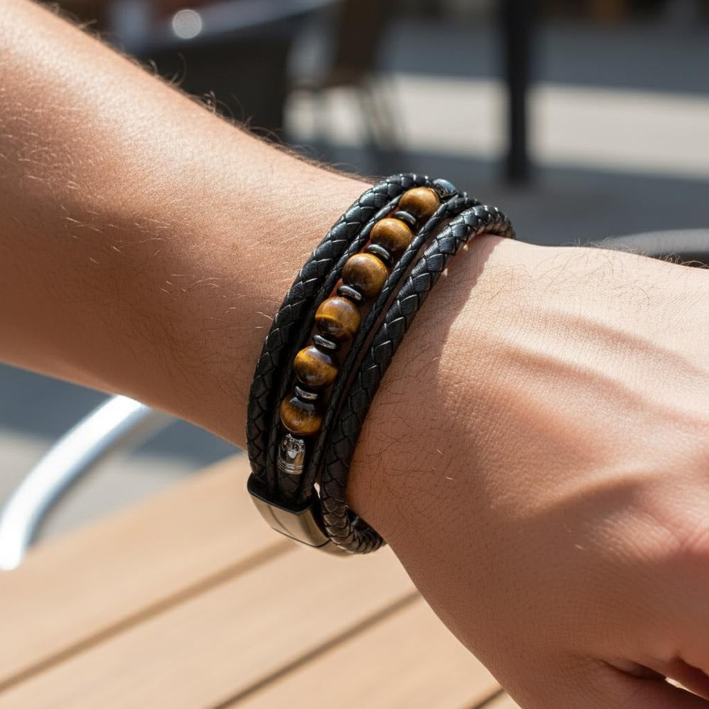 Tiger Eye Stone Leather Bracelet