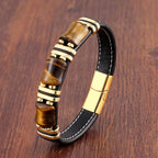 Tiger Eye Stone Bracelet Gold Leather Chain