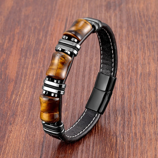 Tiger Eye Stone Bracelet Black Leather Chain
