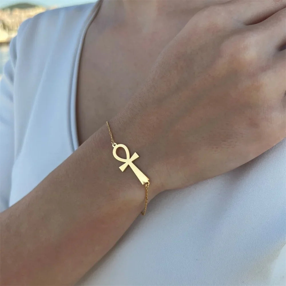 Egyptian Style Ankh Cross Gold Bracelet