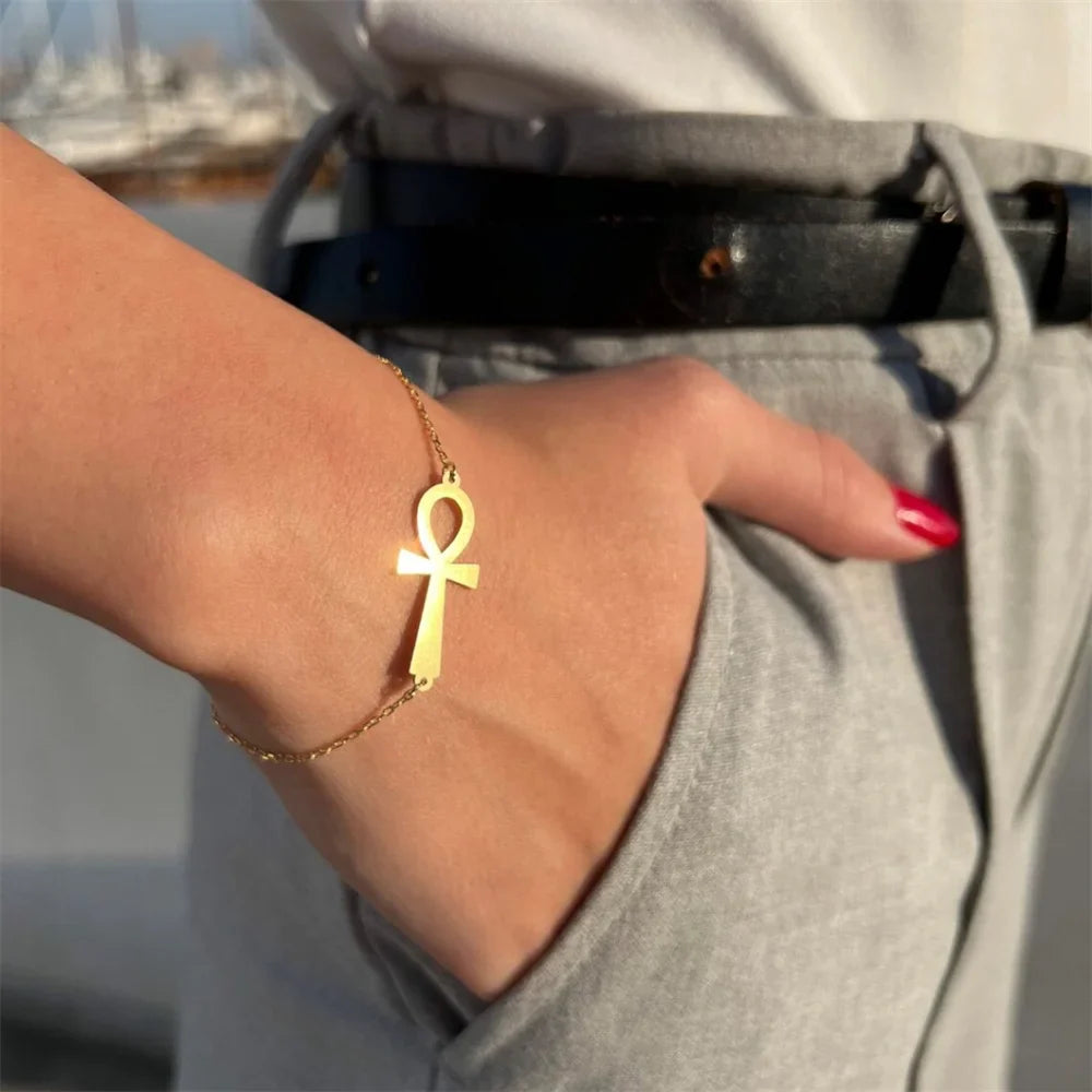 Egyptian Style Ankh Cross Gold Bracelet