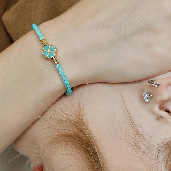 Braided Leather Bracelet with Four-Leaf Clover blue