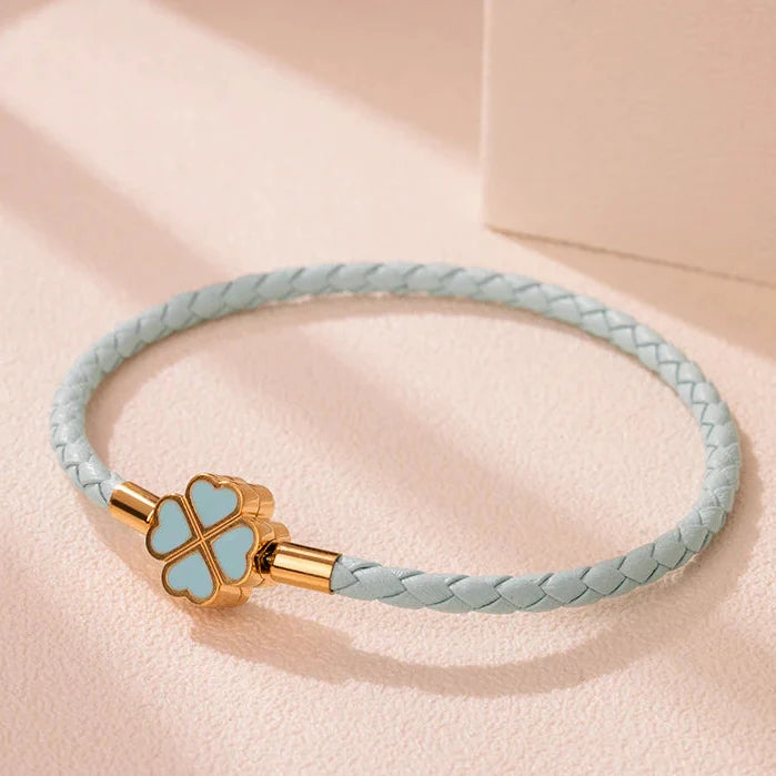 Braided Leather Bracelet with Four-Leaf Clover blue