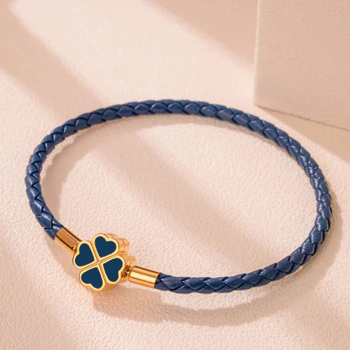 Braided Leather Bracelet with Four-Leaf Clover navy blue