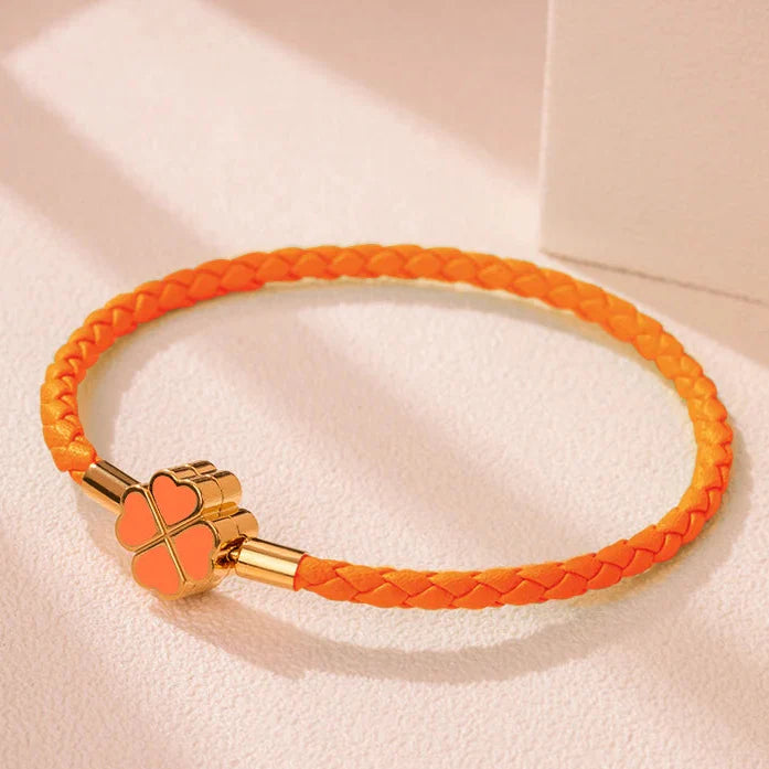 Braided Leather Bracelet with Four-Leaf Clover orange