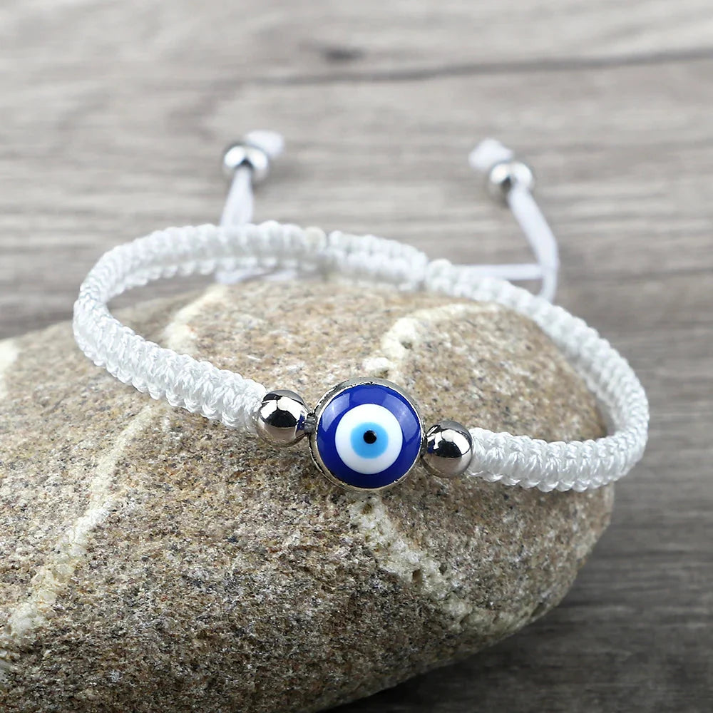 Braided Bracelet Against Evil Eye Blue White and Silver