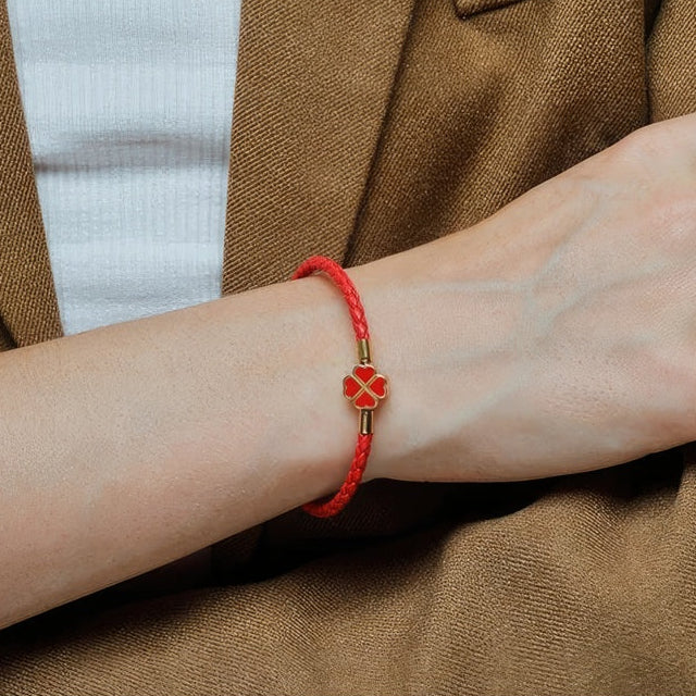 Braided Leather Bracelet with Four-Leaf Clover