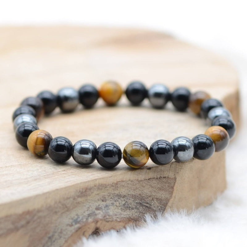 "Triple Protection" Bracelet in Hematite, Tiger's Eye, and Obsidian