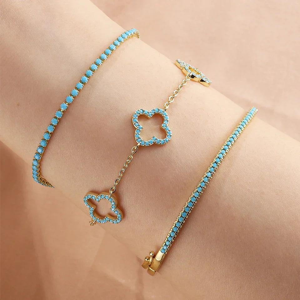 Set of 3 Bracelets with Four-Leaf Clovers in Blue Zircon