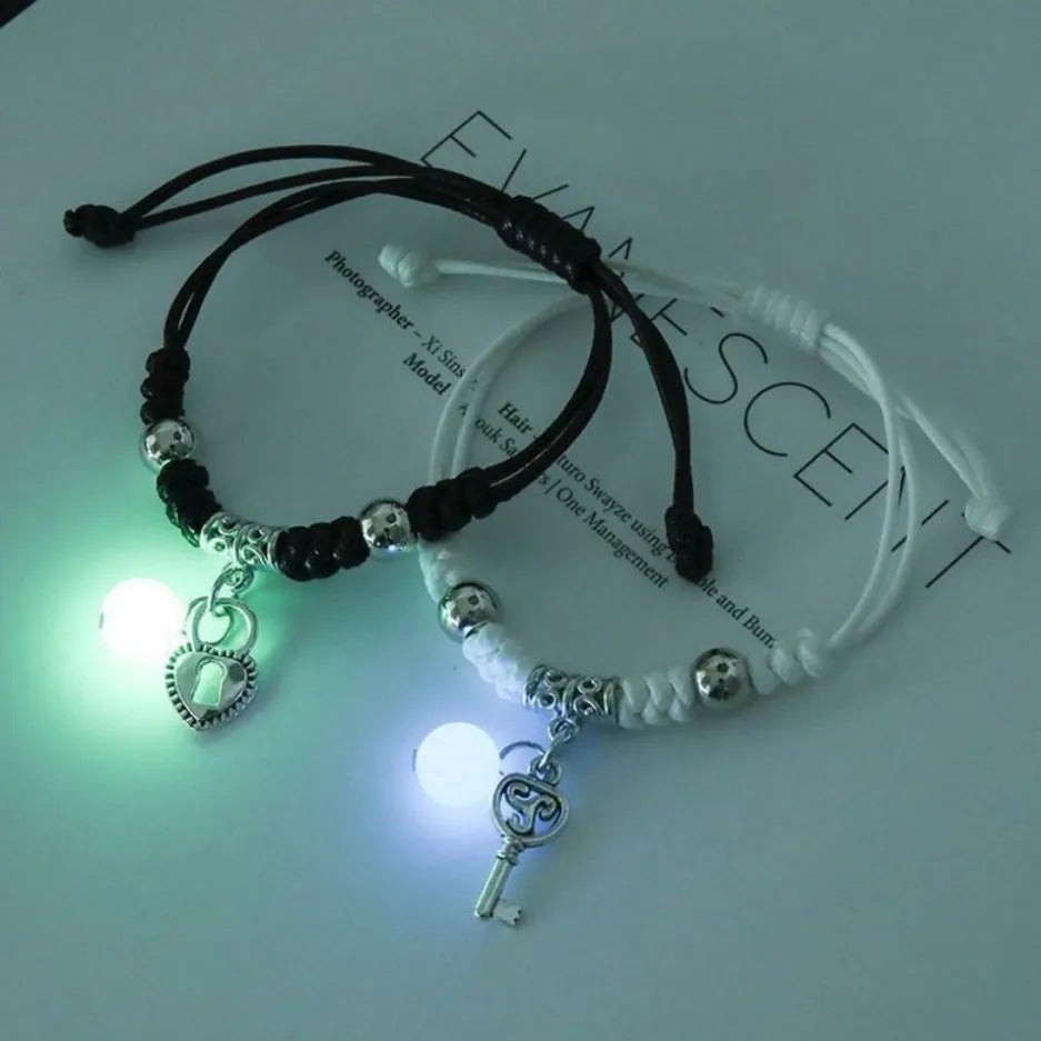 Couple Bracelets with Luminous Pearl Heart and Key ID Tag 2