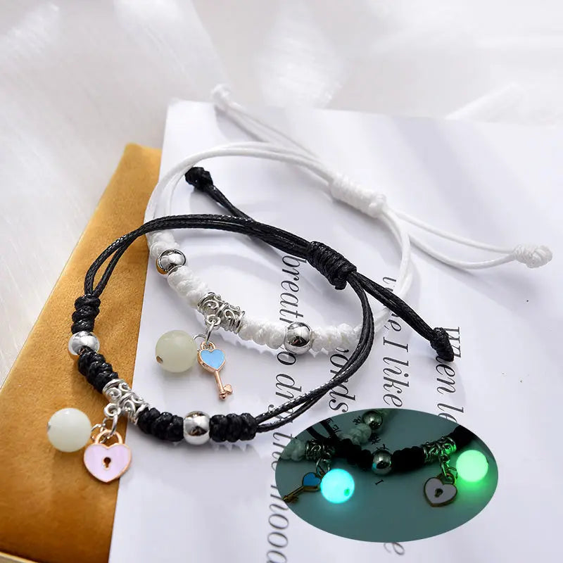Couple Bracelets with Luminous Pearl Heart and Key ID Tag 1