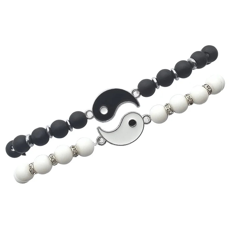 Yin Yang Separable Gourmette Bracelets for Couples in Black and White Natural Stones