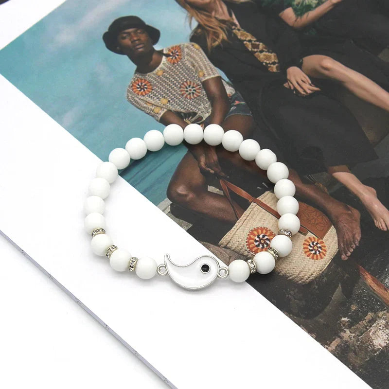 Yin Yang Separable Gourmette Bracelets for Couples in Black and White Natural Stones