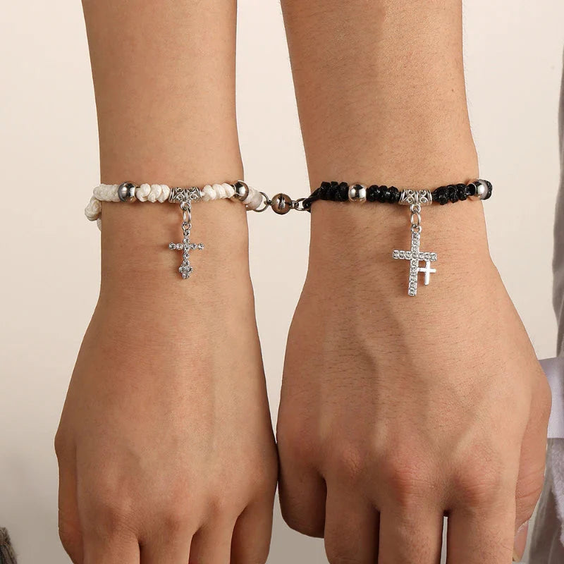 Black and White Couples Bracelets Cross Chain