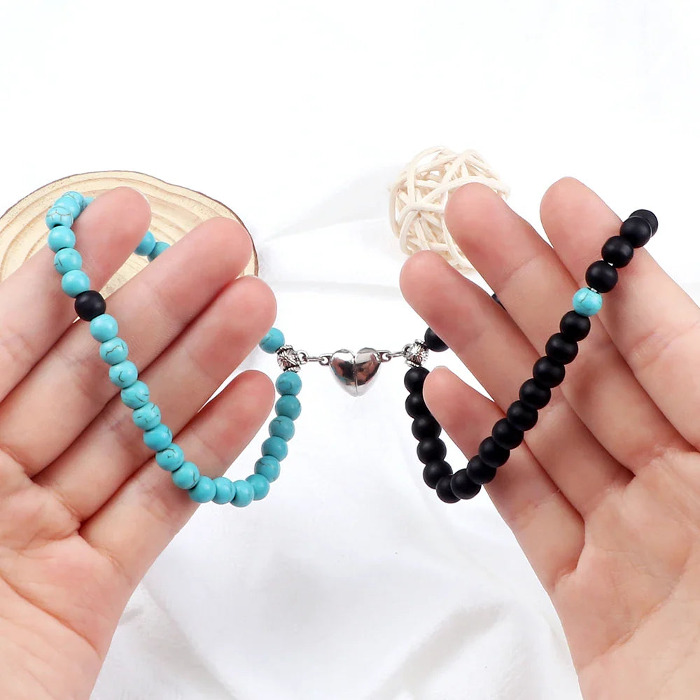 Magnetic Gourmette Bracelets for Couples Sky Blue and Black Beads