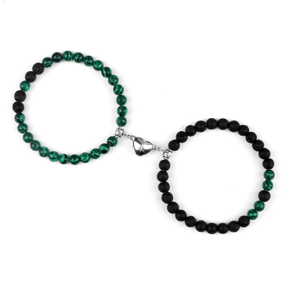Magnetic Gourmette Bracelets for Couples Green and Black Beads