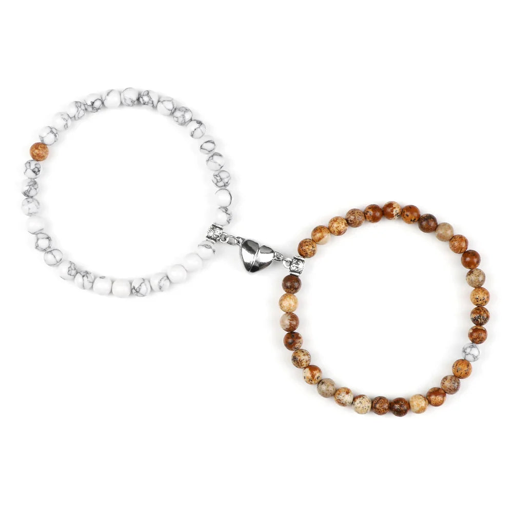 Magnetic Gourmette Bracelets for Couples White and Brown Beads