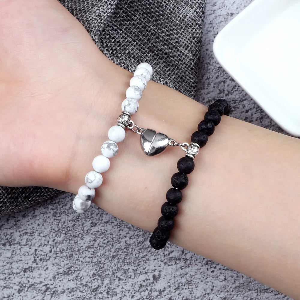 Magnetic Gourmette Bracelets for Couples White and Black Beads
