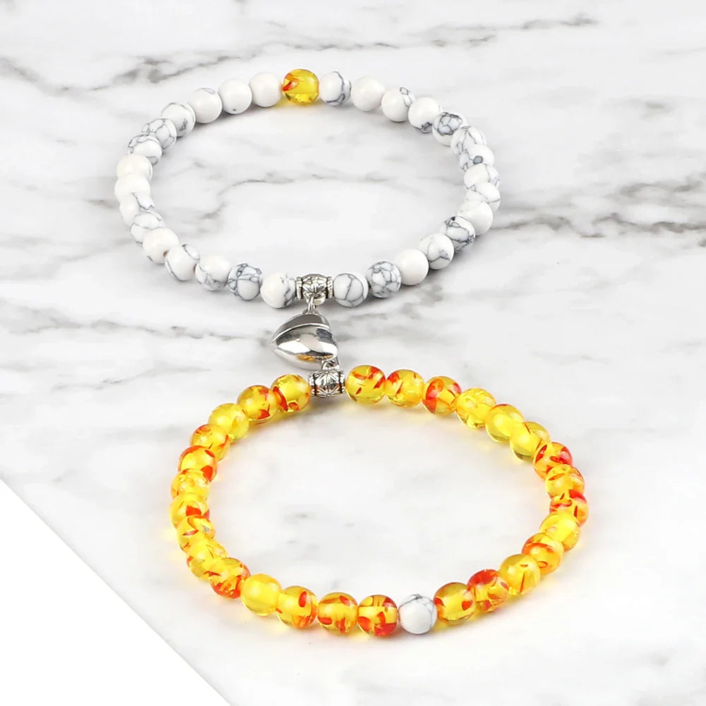 Magnetic Gourmette Bracelets for Couples White Beads and Sunstone