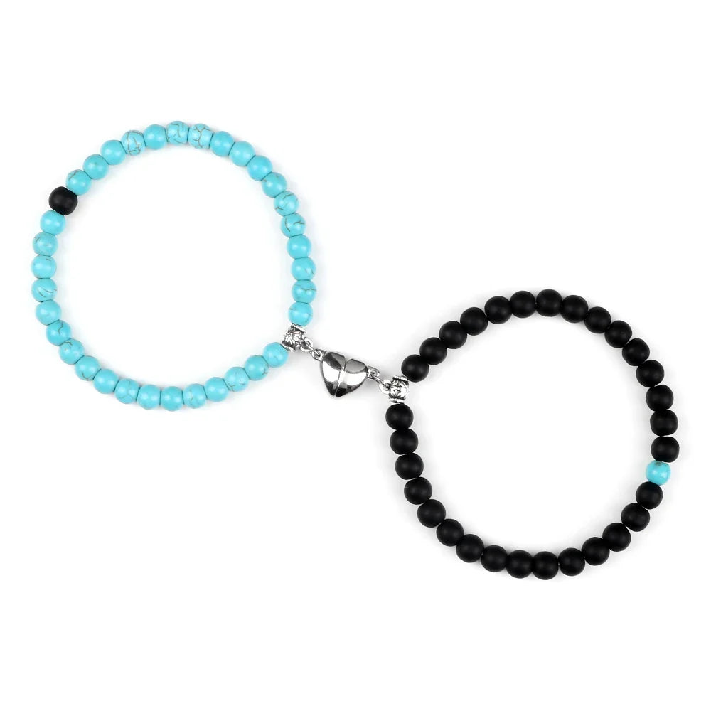 Magnetic Gourmette Bracelets for Couples Sky Blue and Black Beads