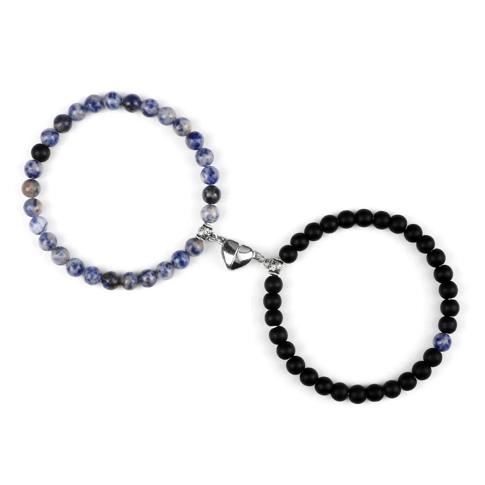 Magnetic Gourmette Bracelets for Couples Blue Gray and Black Beads
