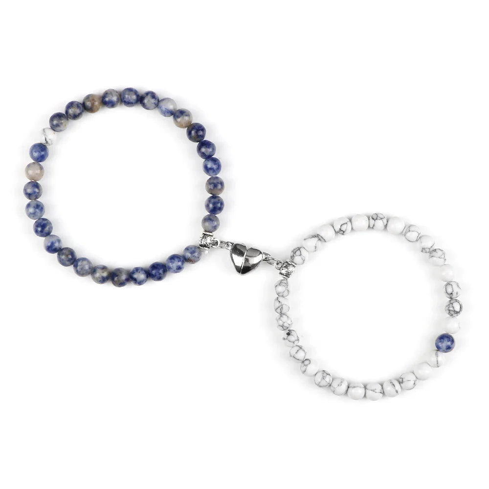 Magnetic Gourmette Bracelets for Couples Blue Gray and White Beads