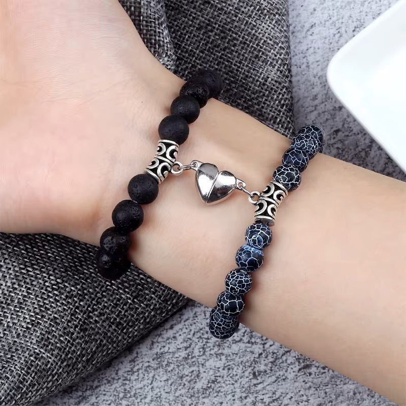 Magnetic Gourmette Bracelets for Couples Black and Gray Beads