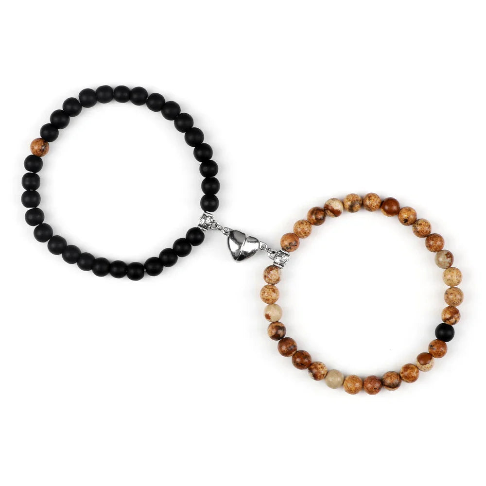 Magnetic Gourmette Bracelets for Couples Black and Brown Beads