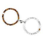 Magnetic Gourmette Bracelets for Couples Tiger Eye and White Beads