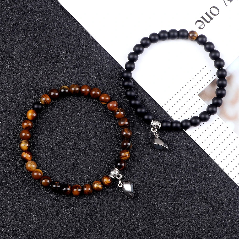 Magnetic Gourmette Bracelets for Couples Tiger Eye and Black Beads