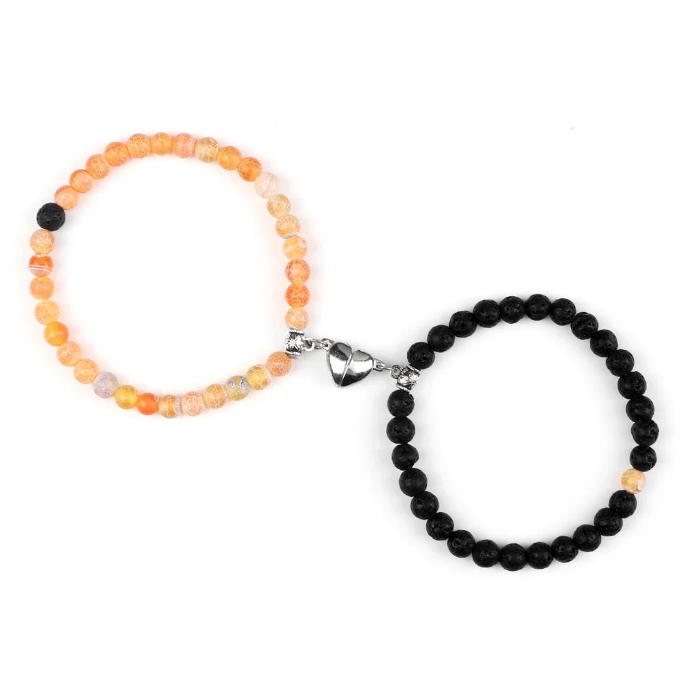 Magnetic Gourmette Bracelets for Couples Sunstone and Black Beads