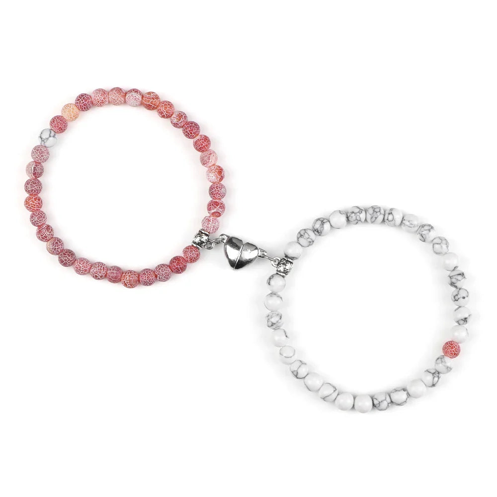 Magnetic Gourmette Bracelets for Couples Pink and White Beads