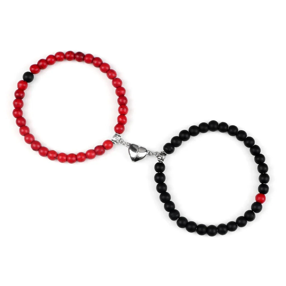 Magnetic Gourmette Bracelets for Couples Red and Black Beads
