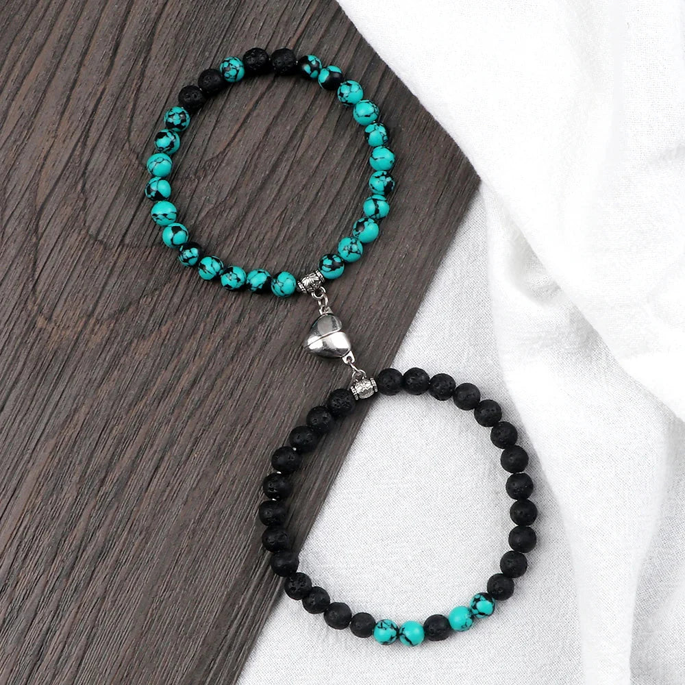 Magnetic Gourmette Bracelets for Couples Turquoise and Black Beads