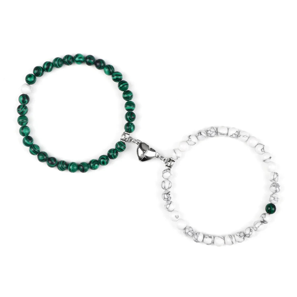 Magnetic Gourmette Bracelets for Couples Green and White Beads
