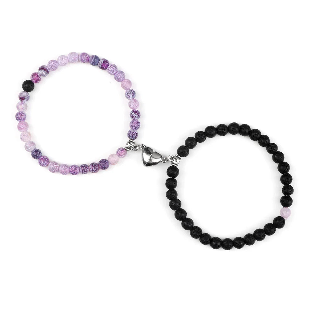 Magnetic Gourmette Bracelets for Couples Purple and Black Beads